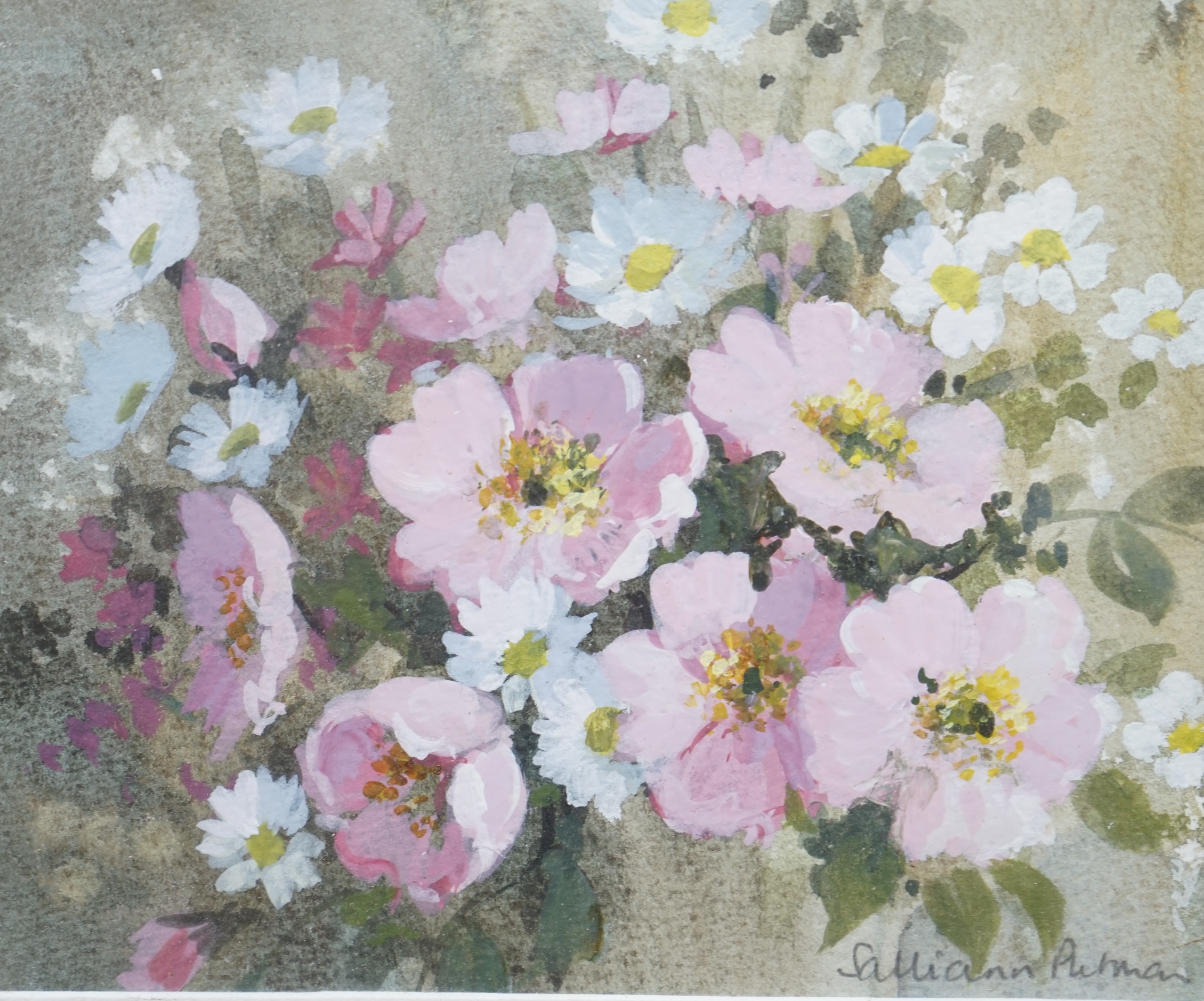 Salliann Putman RWS (b. 1937), watercolour and gouache, Still life of flowers, signed, 12.5 x 14cm. Condition - fair
